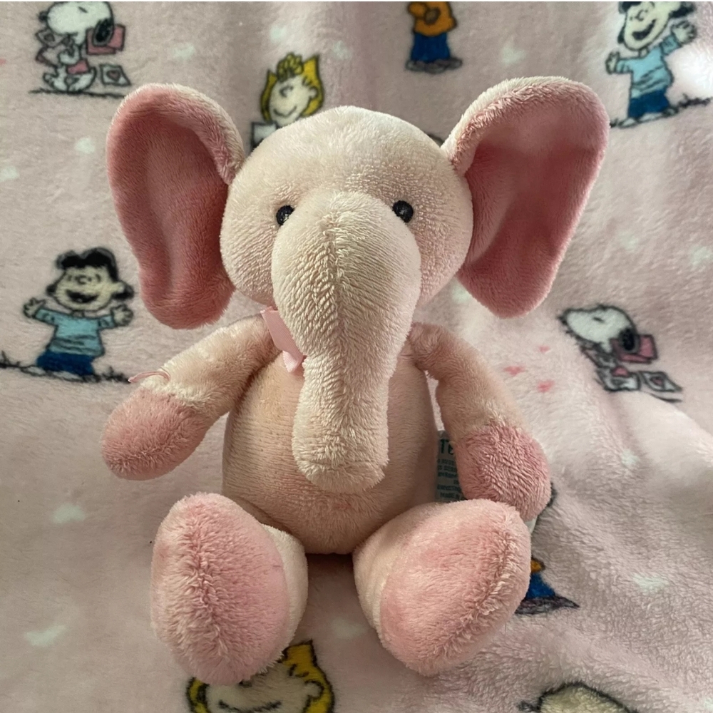 Russ Berrie Tender Rattles Baby Pink Elephant Plush Sewn Eyes Bow Stuffed Animal